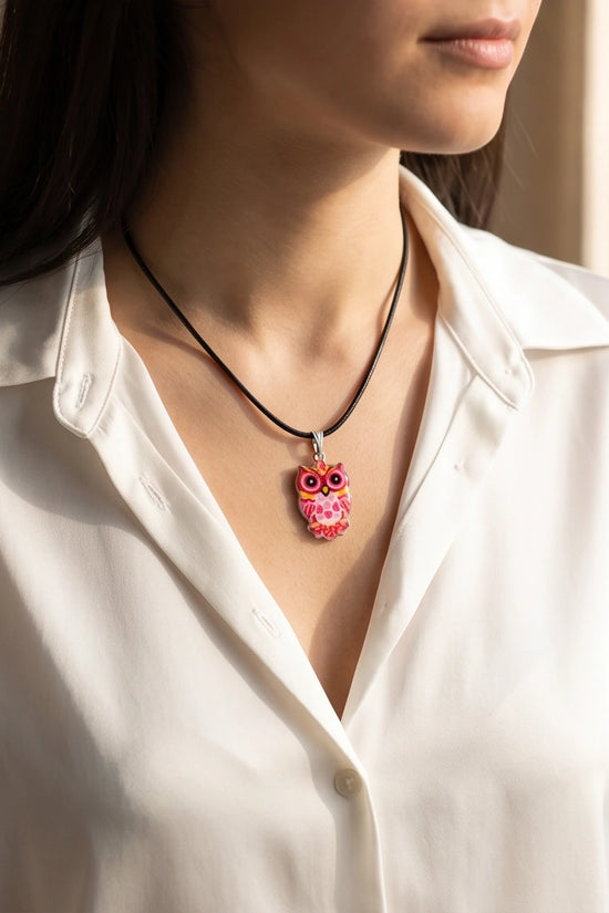 Vibrant Pink and Yellow Owl Totem Pendant Necklace