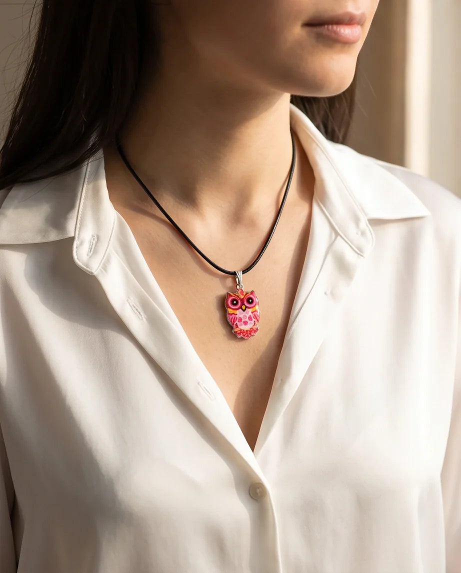 Vibrant Pink and Yellow Owl Totem Pendant Necklace