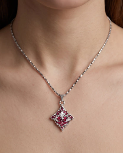 Silver Red Enamel Filigree Diamond Pendant Necklace