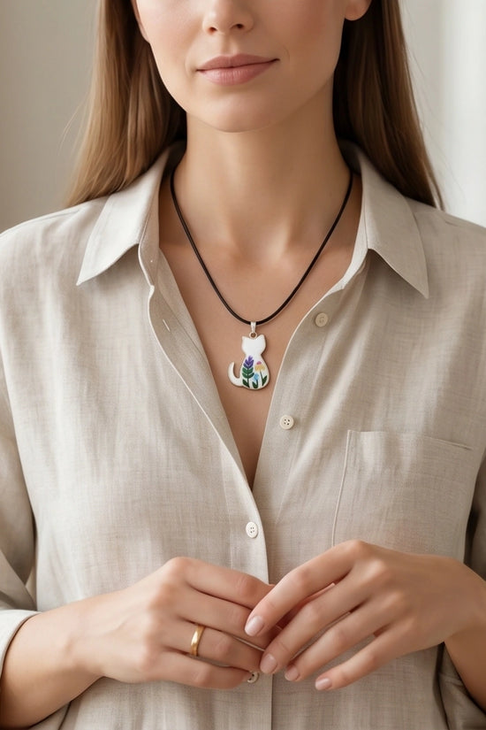 Artistic Floral Botanical Feline Silhouette Pendant Necklace
