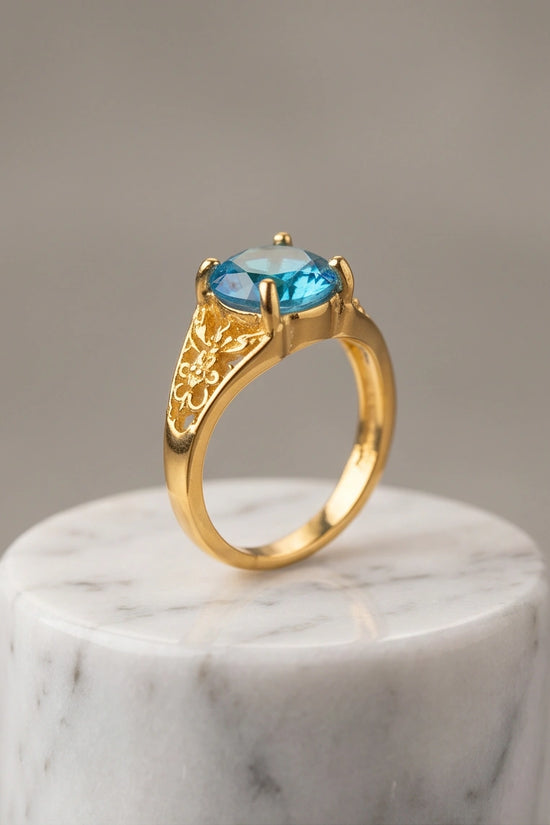 Golden Aquamarine Azure Filigree Ring