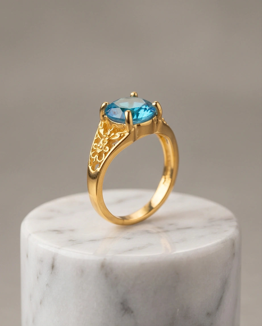 Golden Aquamarine Azure Filigree Ring