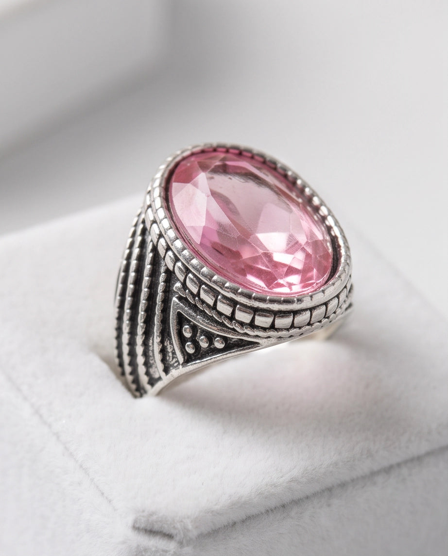 Rose Gemstone Beaded Scale Silver Ring