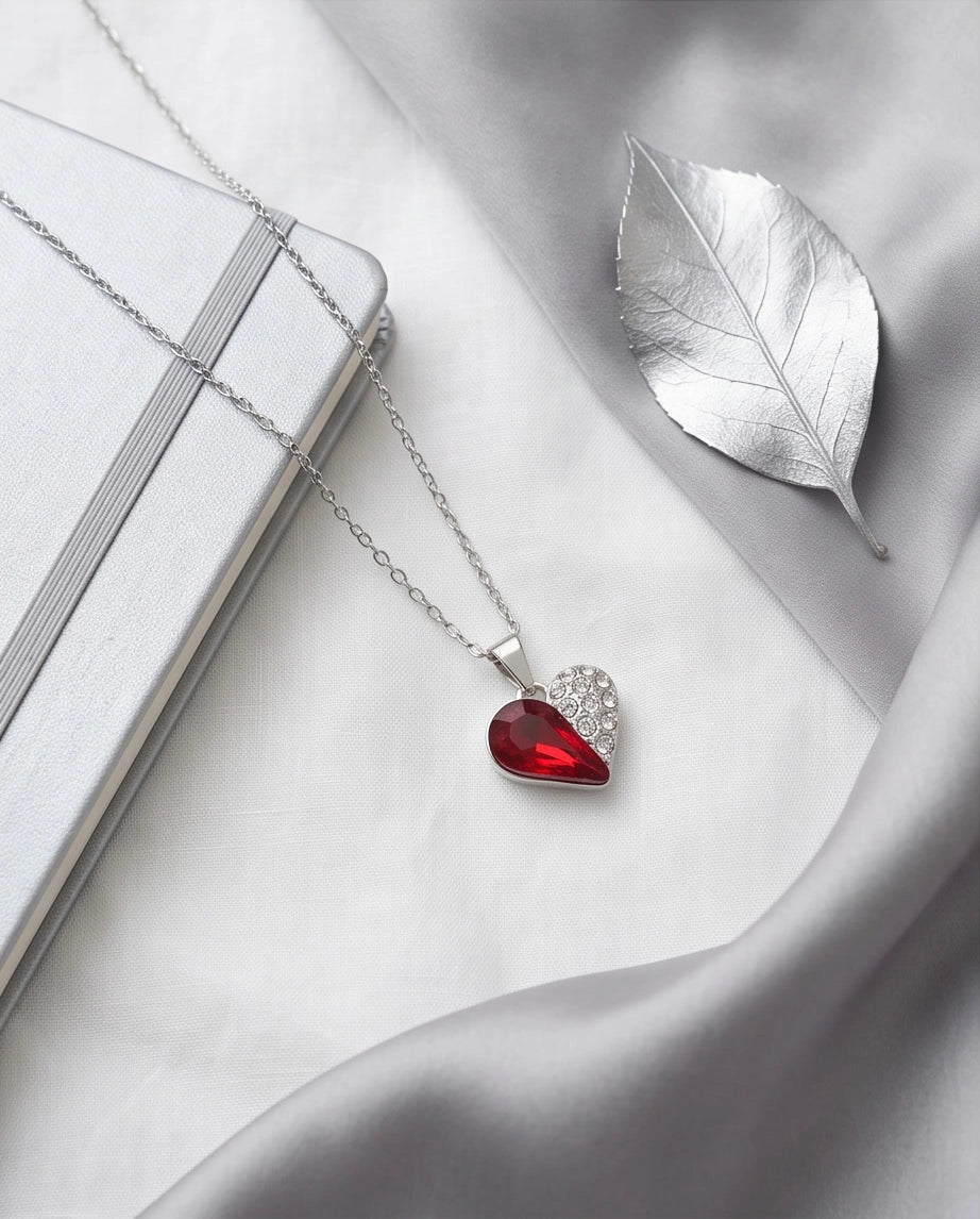 Silver Ruby Heart Pavé Pendant Necklace