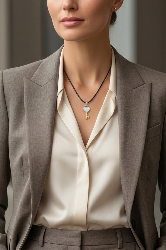 Gold and White Heart Key Pendant Necklace