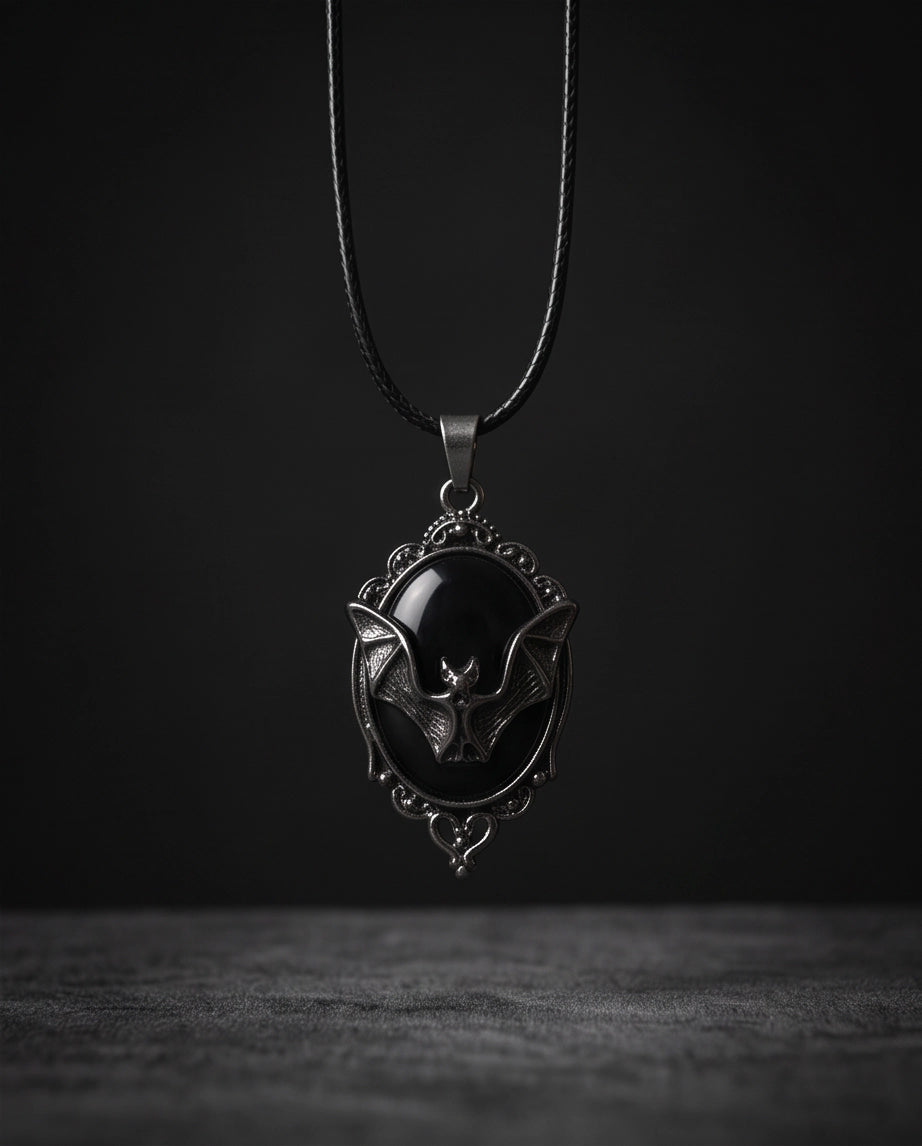 Antique Silver Gothic Bat Black Enamel Medallion Chain Necklace