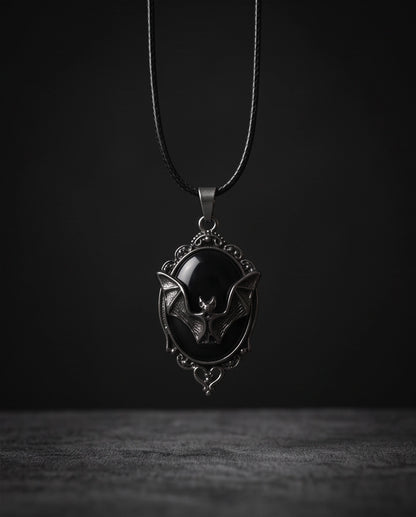 Antique Silver Gothic Bat Black Enamel Medallion Chain Necklace