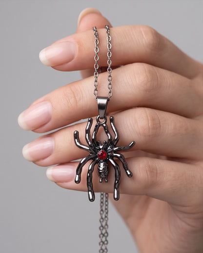 Black Spider Red Round Crystal Gem Pendant Necklace