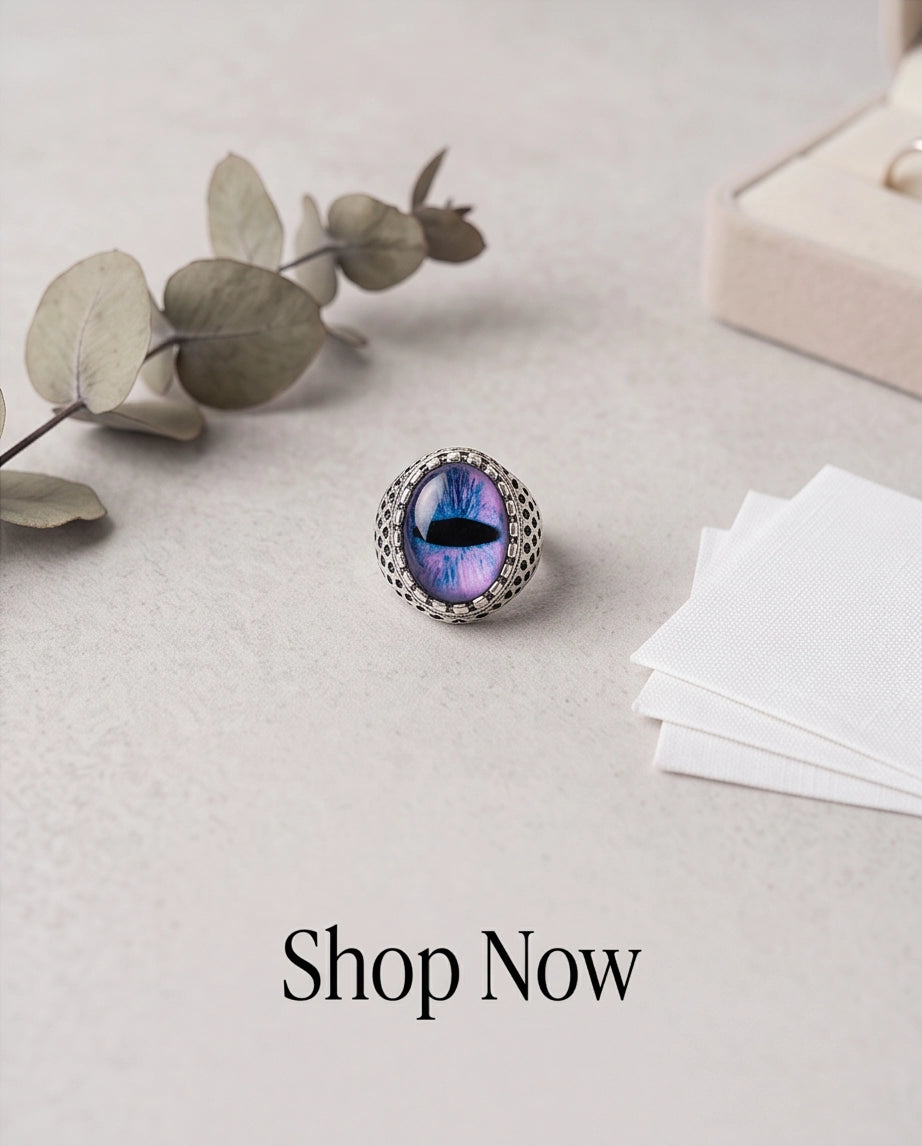 Purple-Blue Slit-Pupil Dragon-Eye Honeycomb-Band Silver Ring
