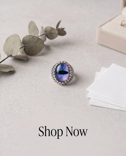 Purple-Blue Slit-Pupil Dragon-Eye Honeycomb-Band Silver Ring