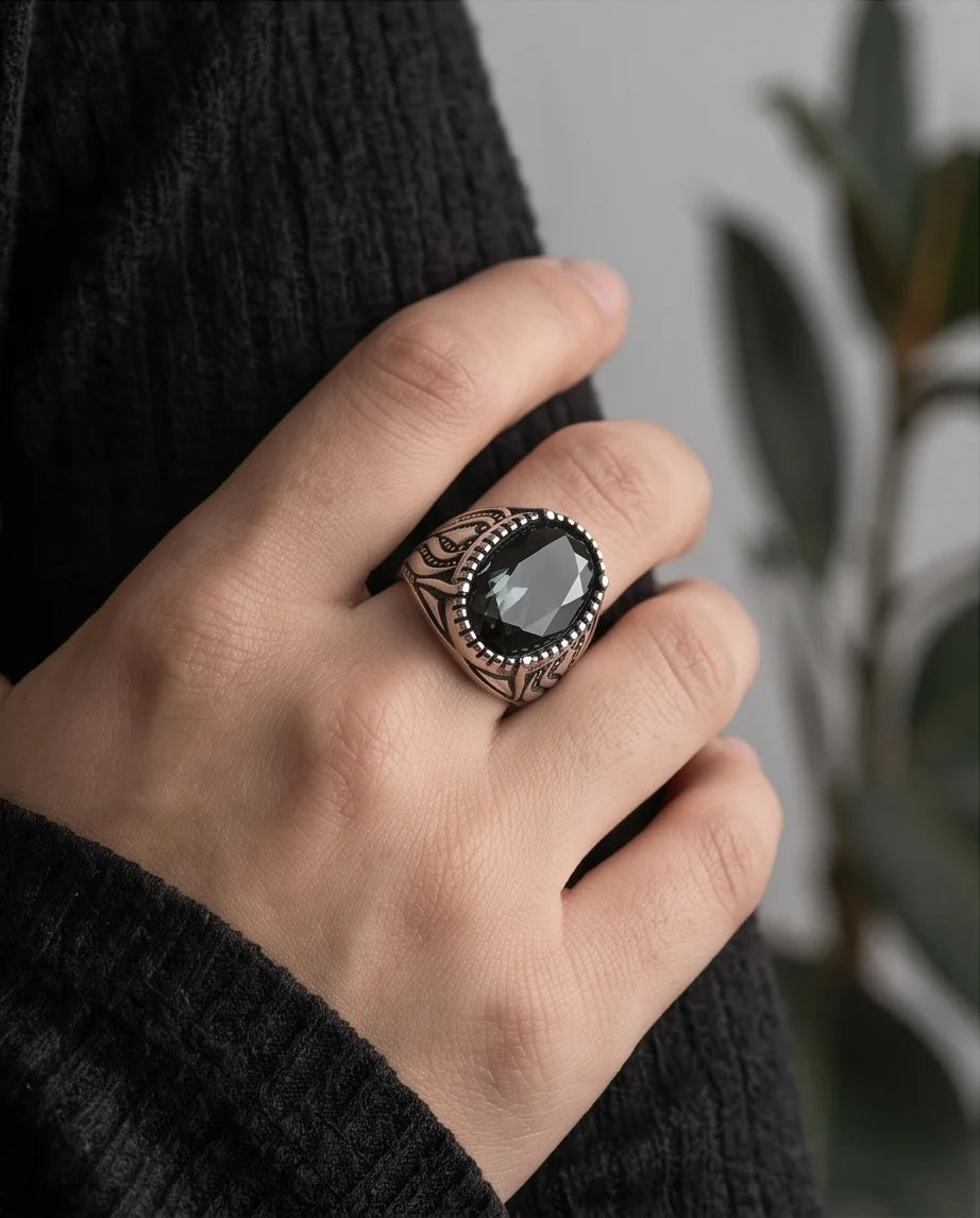 Obsidian Gemstone Beaded Frame Flame Silver Ring