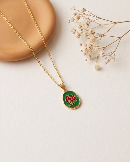 Gold Red Rose Enamel Medallion Chain Necklace