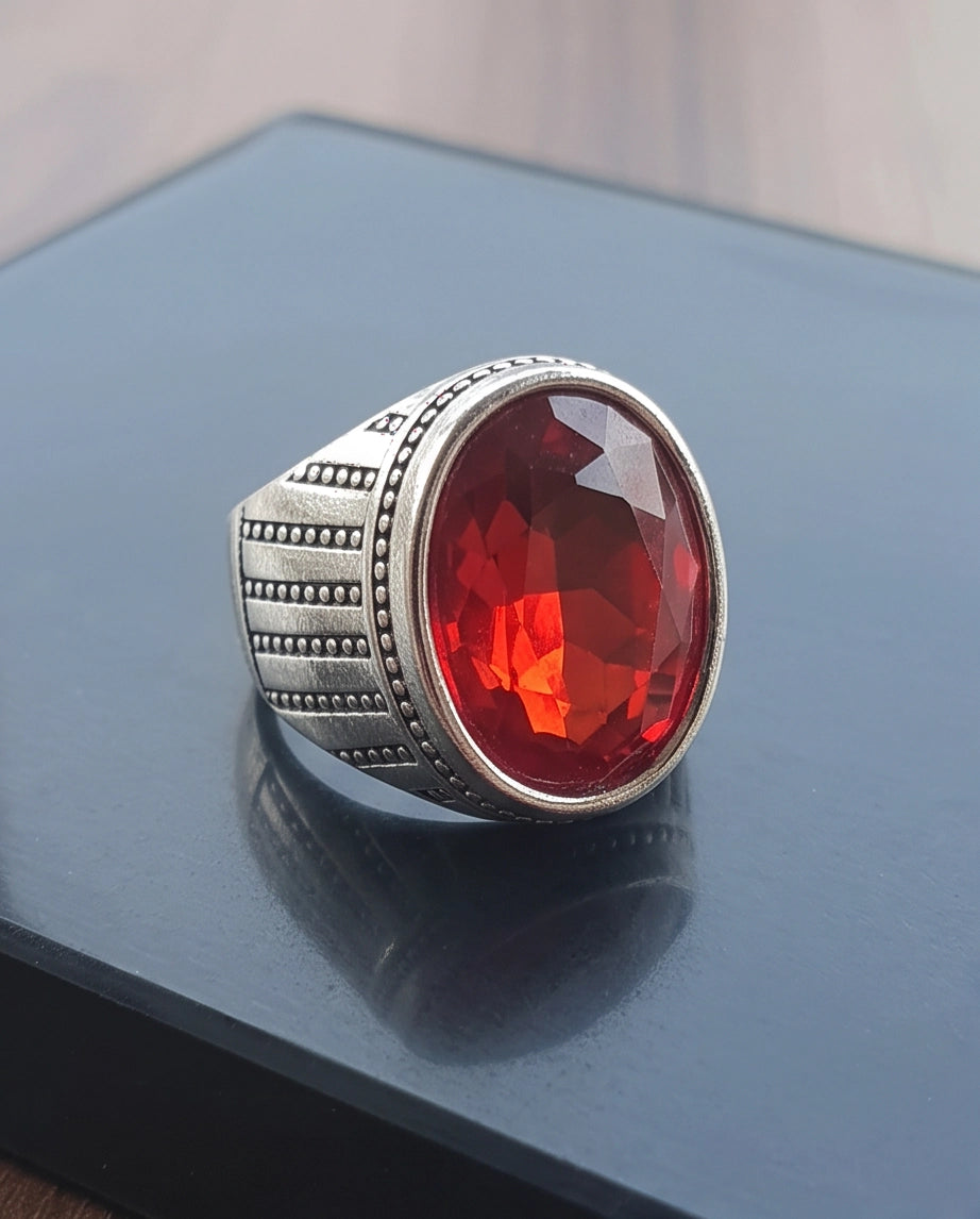 Ruby Gemstone Beaded Surround Vertical Ribbed Silver Ring
