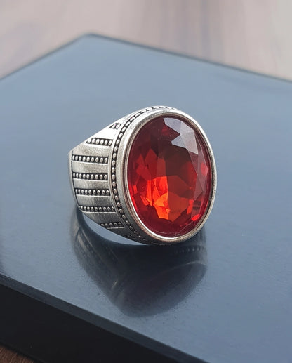 Ruby Gemstone Beaded Surround Vertical Ribbed Silver Ring