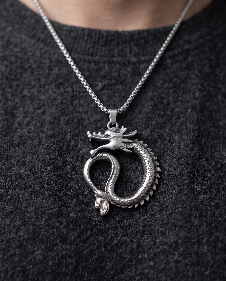 Silver Coiled Ouroboros Dragon Pendant Necklace