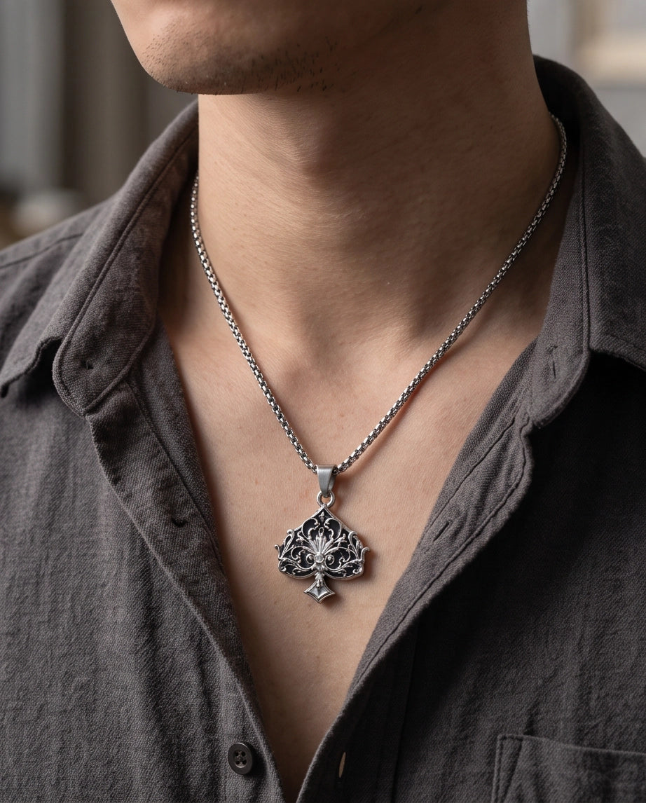 Silver Filigree Ace of Spades Pendant Necklace