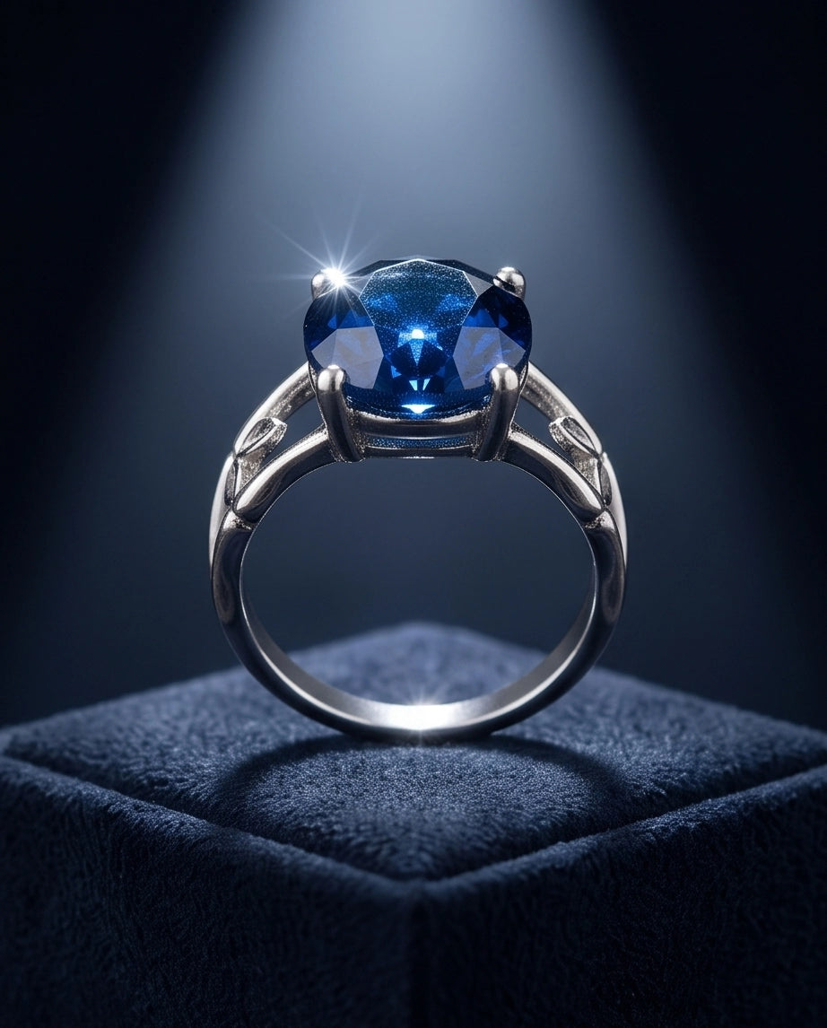 Silver Oval Sapphire Botanical Solitaire Ring