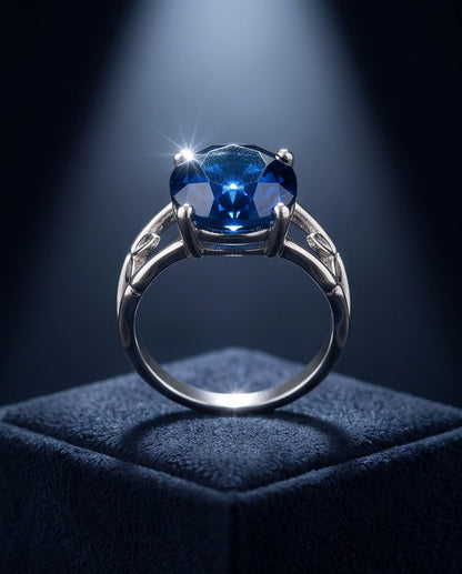 Silver Oval Sapphire Botanical Solitaire Ring