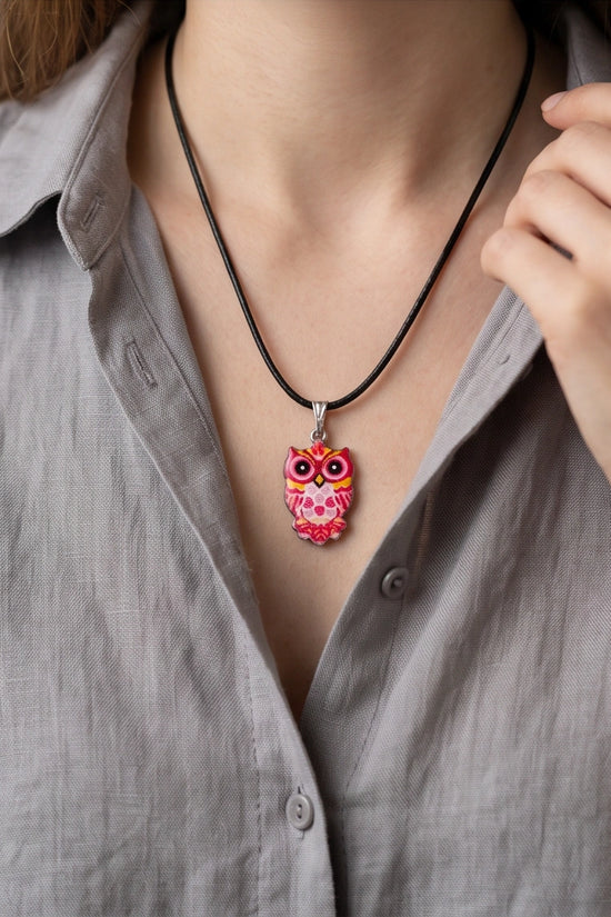 Vibrant Pink and Yellow Owl Totem Pendant Necklace
