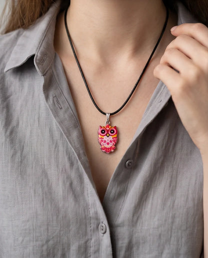 Vibrant Pink and Yellow Owl Totem Pendant Necklace