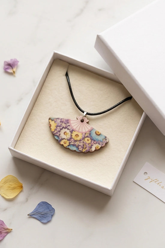 Vintage Blue & Yellow Floral Hand-Fan Pendant Necklace