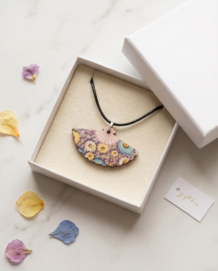 Vintage Blue & Yellow Floral Hand-Fan Pendant Necklace