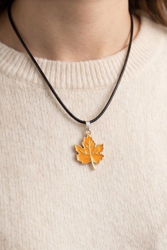 Golden Autumn Maple Leaf Enamel Pendant Necklace