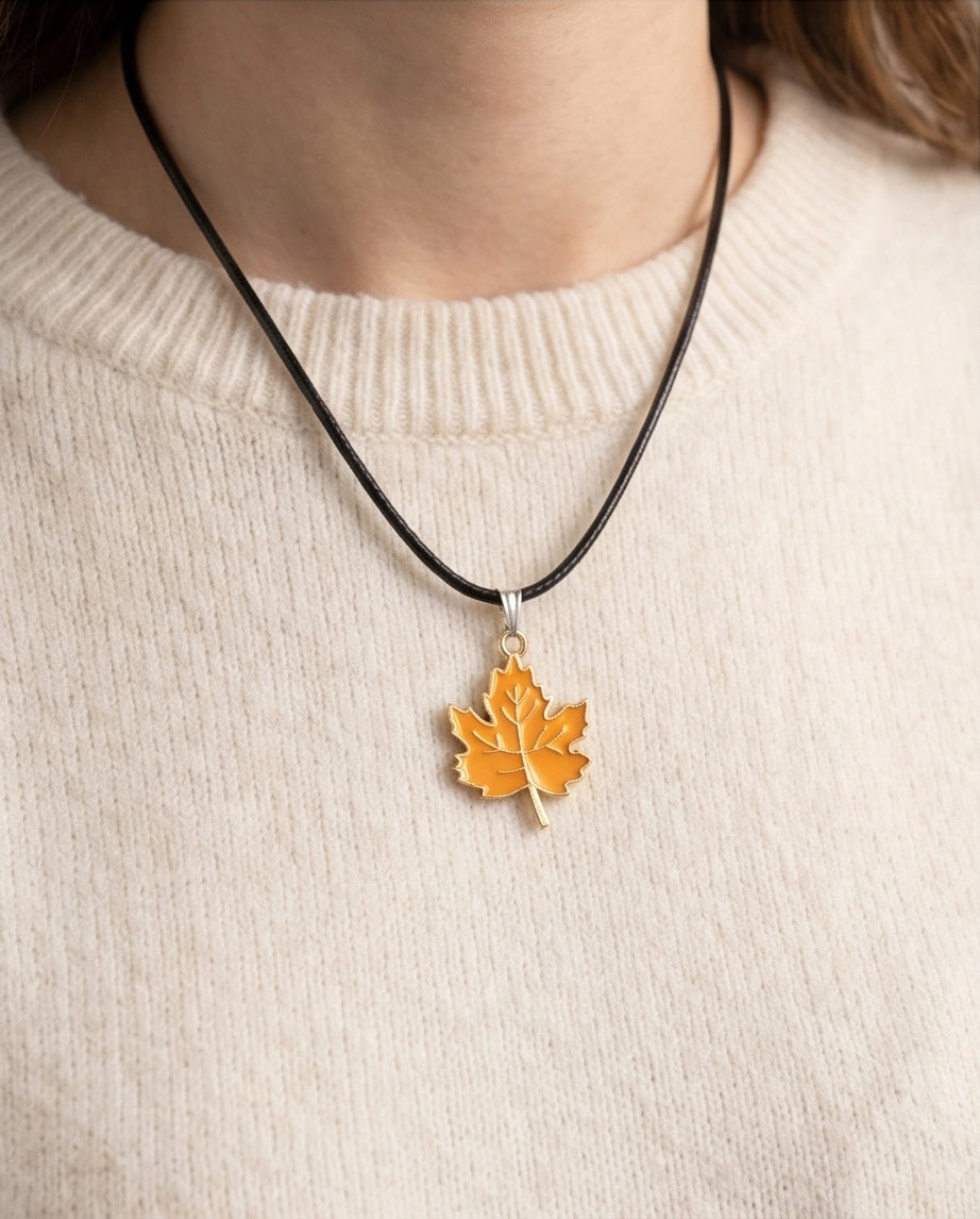 Golden Autumn Maple Leaf Enamel Pendant Necklace