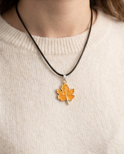 Golden Autumn Maple Leaf Enamel Pendant Necklace