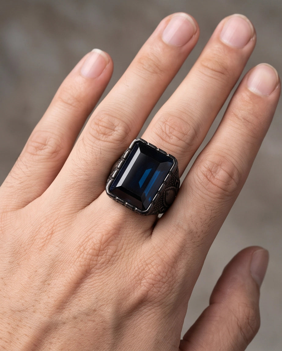 Deep Sapphire Emerald-Cut Gemstone Architectural Filigree Silver Ring
