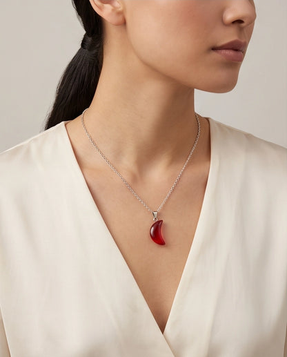 Silver Carnelian Red Crescent Moon Pendant Necklace