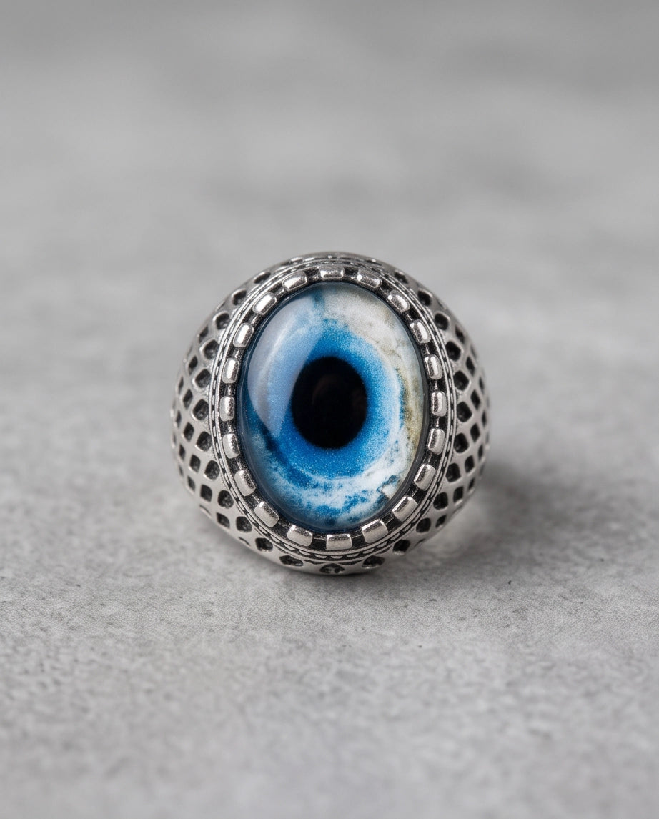 Royal Blue-Rimmed Evil Eye Cabochon Honeycomb-Band Silver Ring