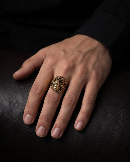 Masonic Square and Compass Anatomical Skull Gold Ring
