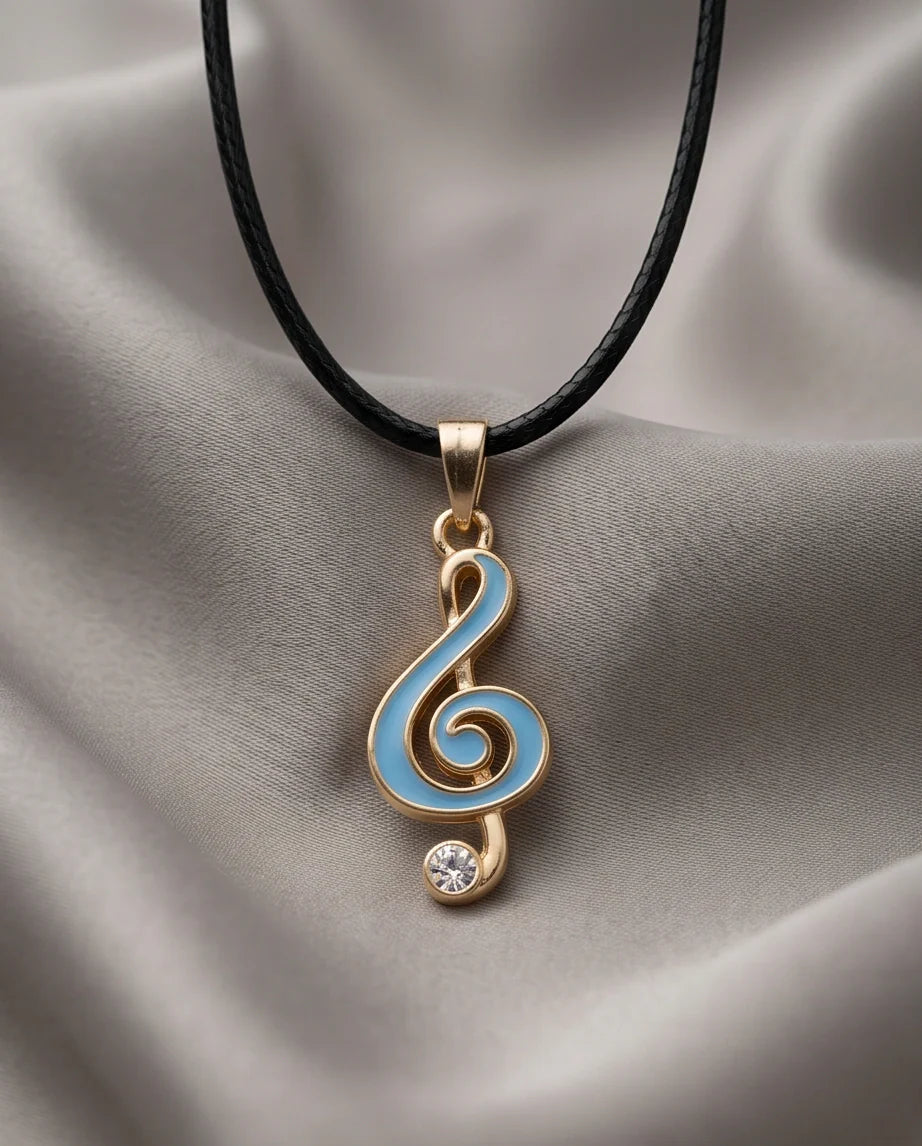 Gold Light Blue Treble Clef Music Necklace