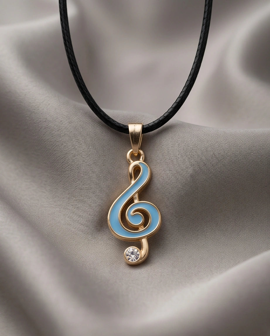 Gold Light Blue Treble Clef Music Necklace