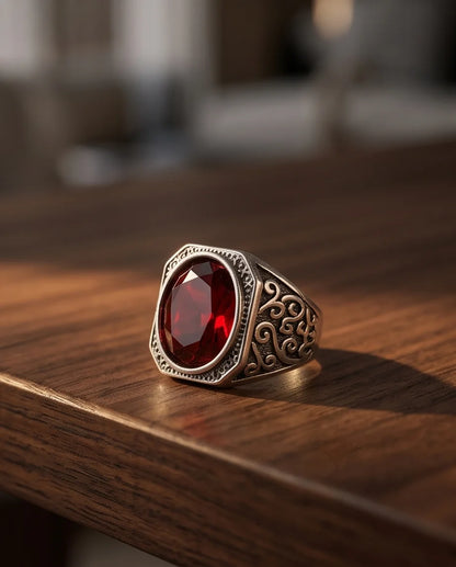 Crimson Gemstone Octagonal Bezel Scrollwork Silver Ring