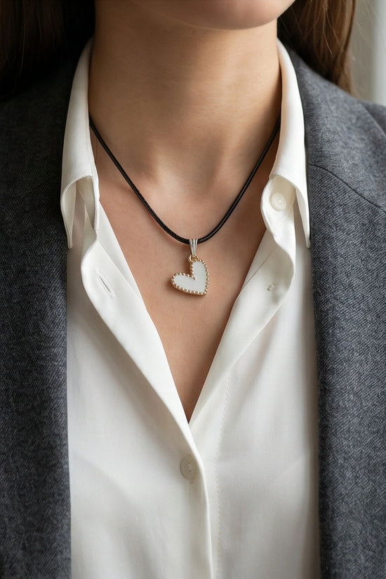 Gold and White Beaded Heart Necklace