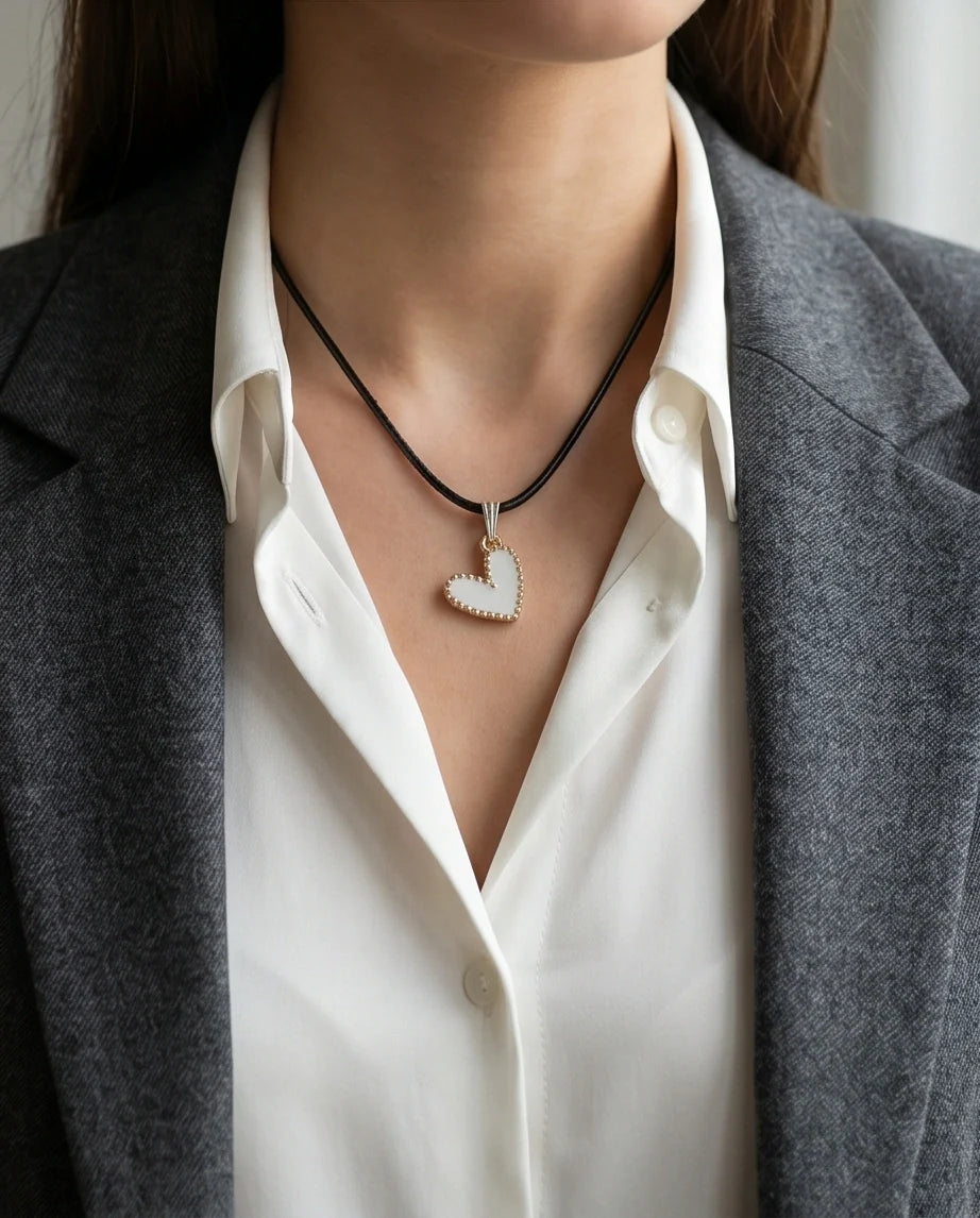 Gold and White Beaded Heart Necklace