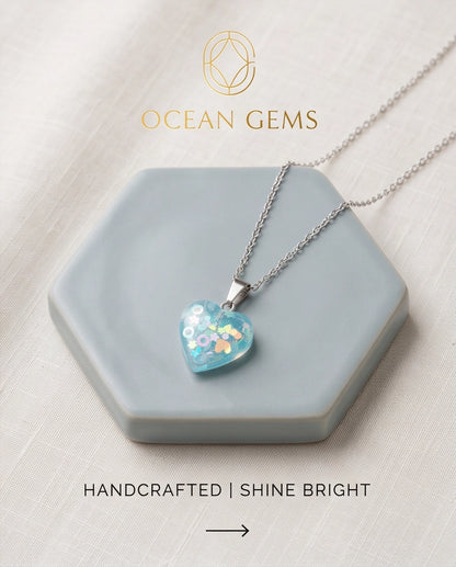Silver Light Blue Glitter Heart Resin Pendant Necklace