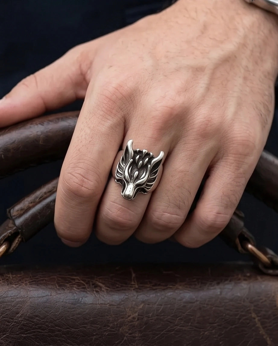 Vintage Oxidized Silver Mythical Wolf Crest Ring