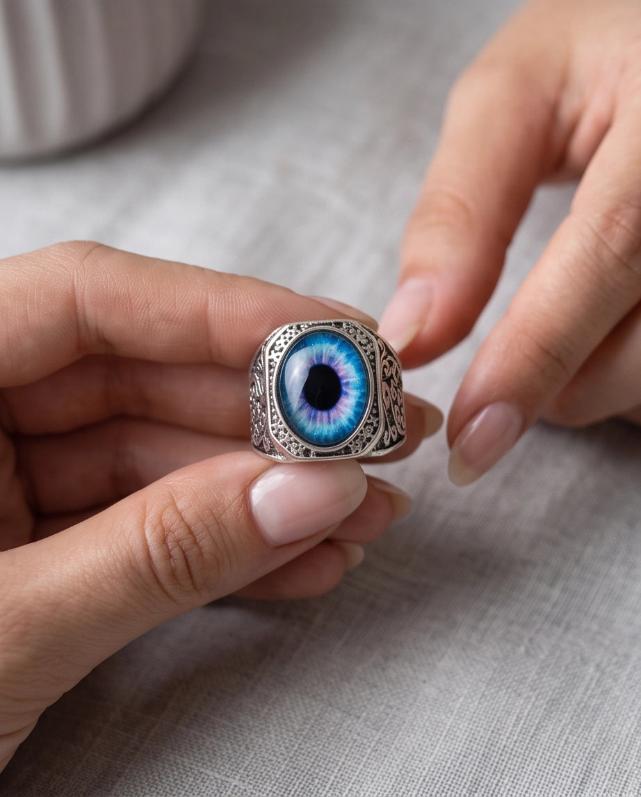 Nebula Blue-Purple Evil Eye Cabochon Gothic Filigree Silver Ring