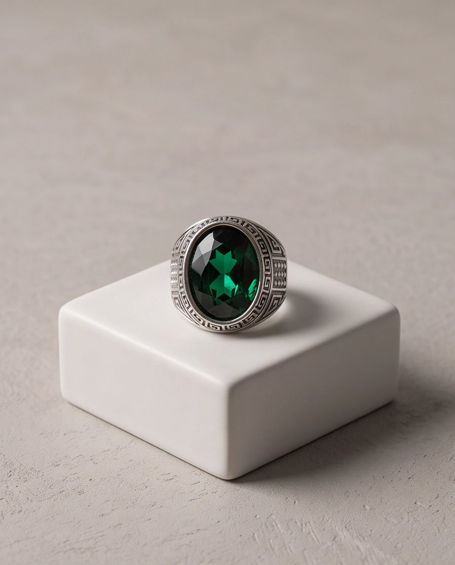 Emerald Gemstone Greek Key Bezel Studded Silver Ring