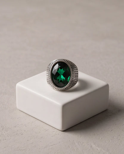 Emerald Gemstone Greek Key Bezel Studded Silver Ring