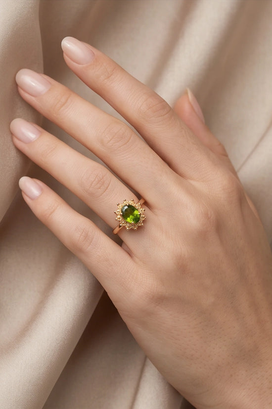 Vintage 14K Gold Oval Peridot Victorian Halo Ring