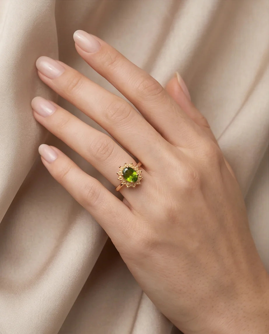 Vintage Gold Oval Peridot Victorian Halo Ring