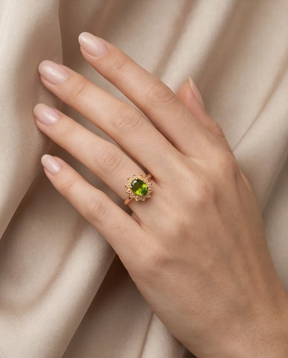 Vintage Gold Oval Peridot Victorian Halo Ring