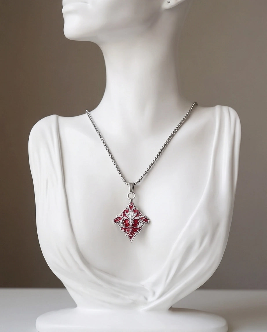 Silver Red Enamel Filigree Diamond Pendant Necklace
