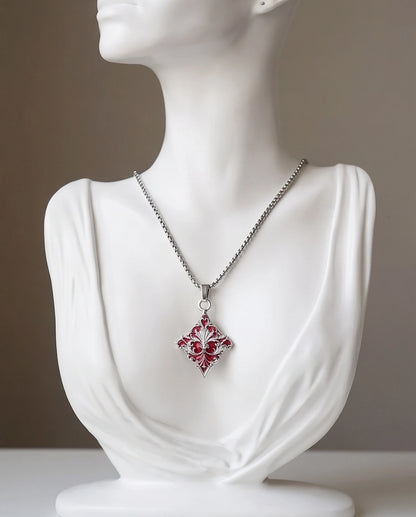 Silver Red Enamel Filigree Diamond Pendant Necklace