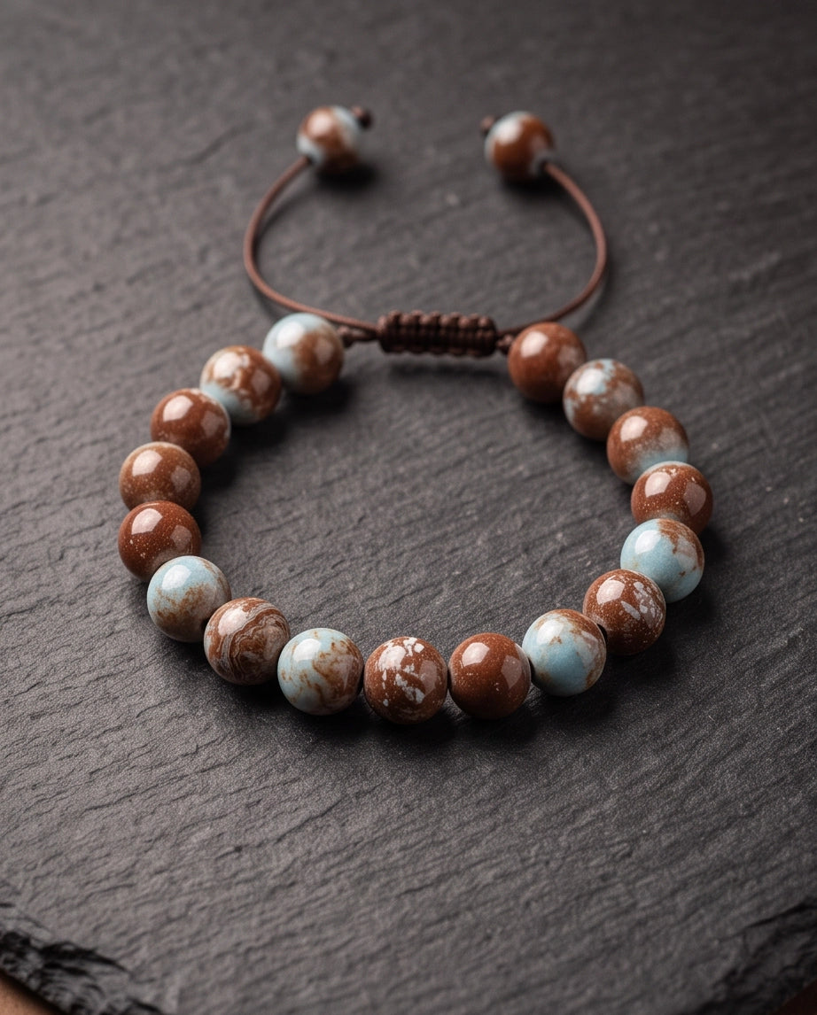 Earthy Rust & Teal Two-Tone Stone Beaded Adjustable Macrame Bracelet
