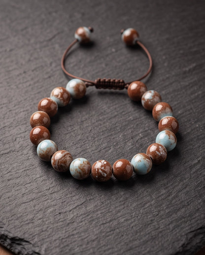 Earthy Rust & Teal Two-Tone Stone Beaded Adjustable Macrame Bracelet